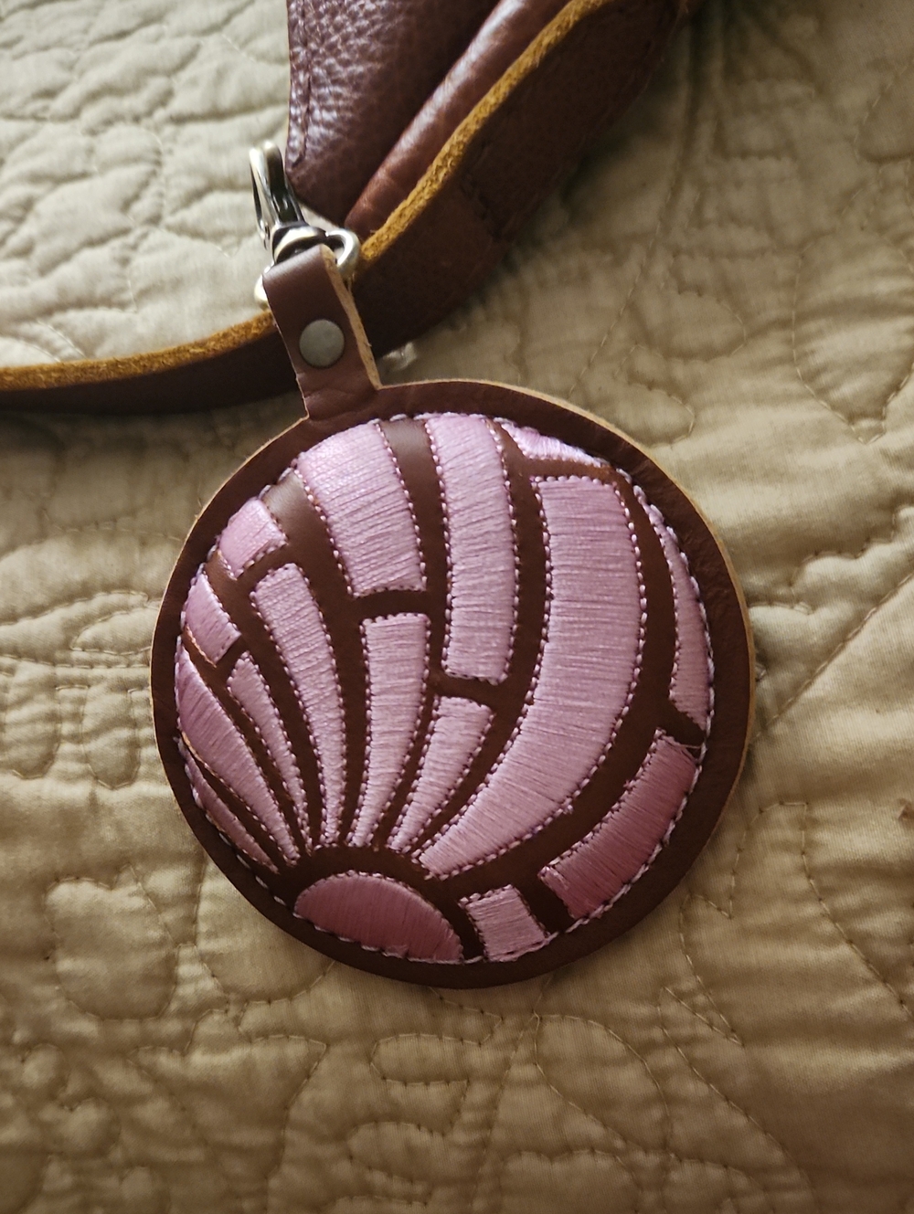 Portland Leather Round Pink Leather Medallion Bag Charm "Concha"